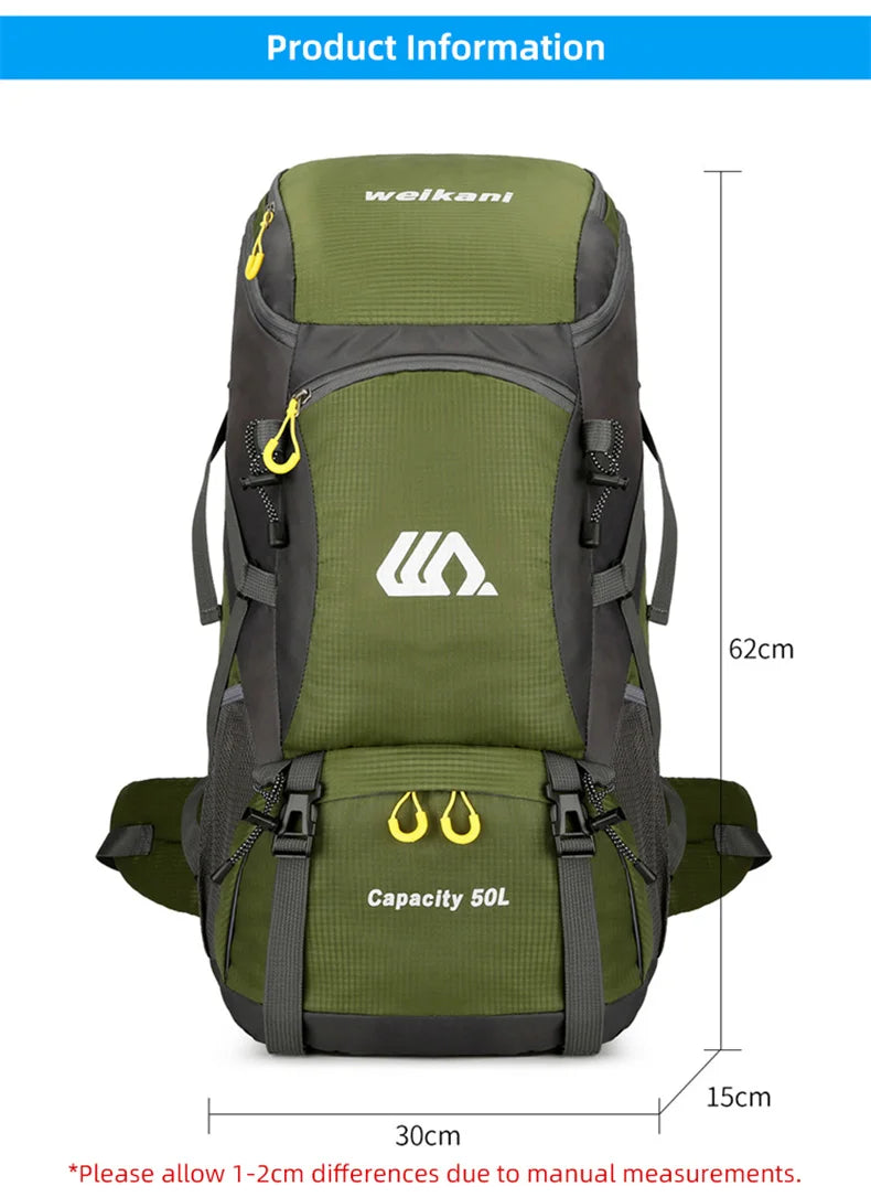 50L Travel Backpack Camping Men Large Hiking Bag and Waterproof