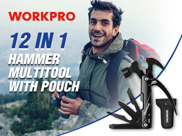 WORKPRO 12 in 1 Hammer Multitool Portable Stainless Steel Multitool Claw Hammer With Sheath for Outdoor Survival Camping Hunting