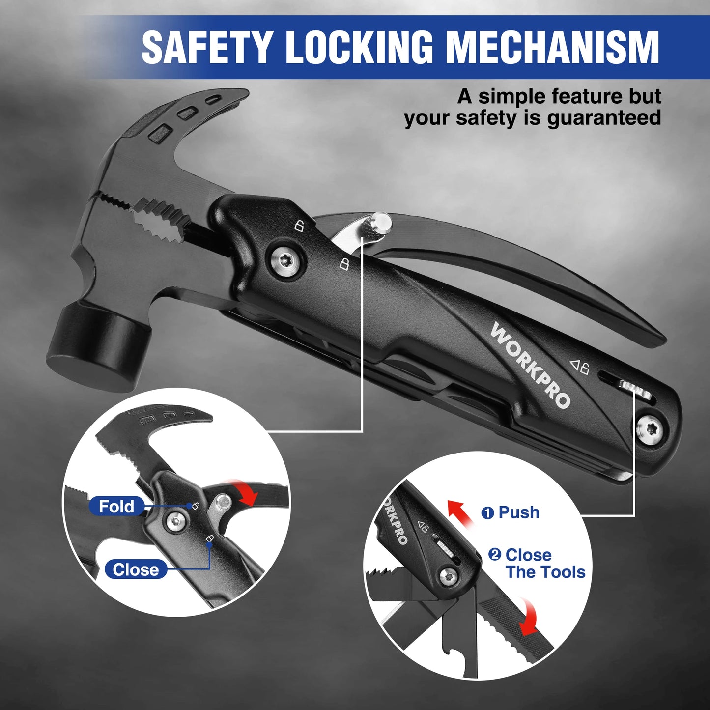 WORKPRO 12 in 1 Hammer Multitool Portable Stainless Steel Multitool Claw Hammer With Sheath for Outdoor Survival Camping Hunting