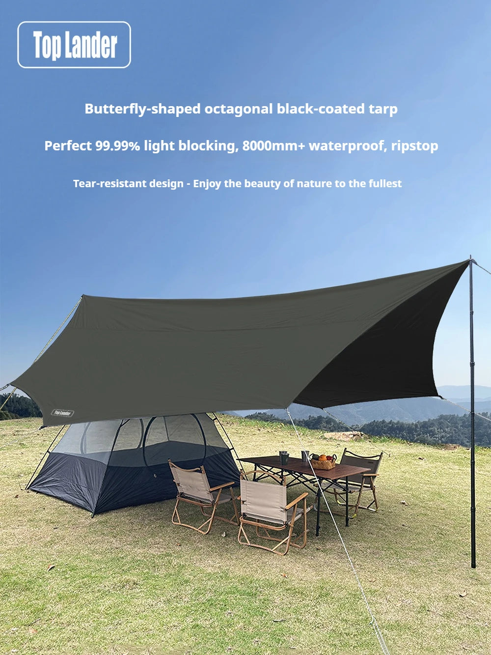 5.1x5.1m Large Black Coating Tarp Waterproof Octagon Coated Camping Tarp Outdoor Awning Tarpaulin Shade Tent Shelter Sunshade