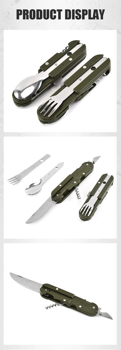 Camping Folding Picnic Cutlery Knife Portable Stainless Steel Army Green Fork Spoon Bottle Opener Flatware Tableware Travel Kit