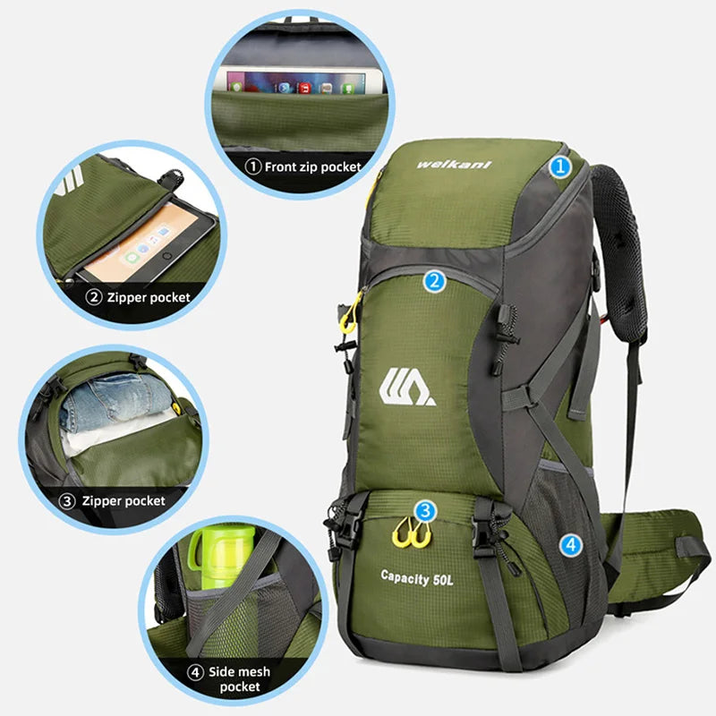 50L Travel Backpack Camping Men Large Hiking Bag and Waterproof