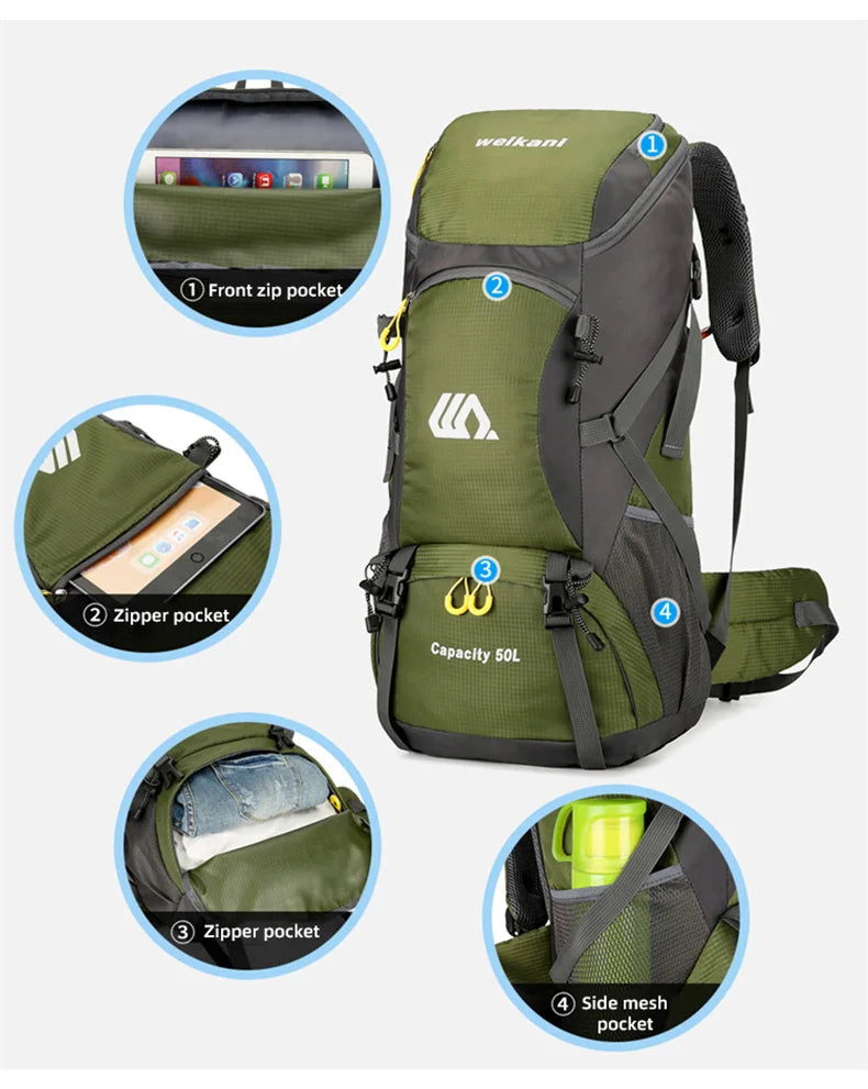50L Travel Backpack Camping Men Large Hiking Bag and Waterproof